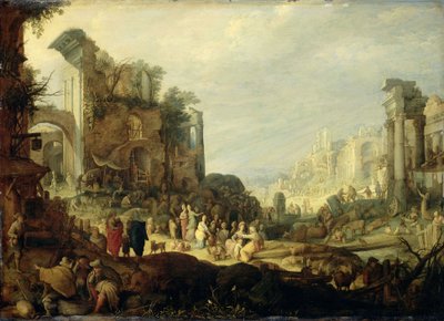 Paisaje con ruinas y el encuentro de Rebeca y Eliezer de Willem van Nieulandt II